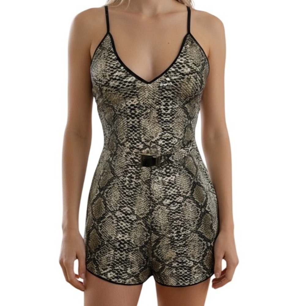 FASHION NOVA ‎ Watch Me Move Sequin Snakeskin Romper Belted NWT Size XS